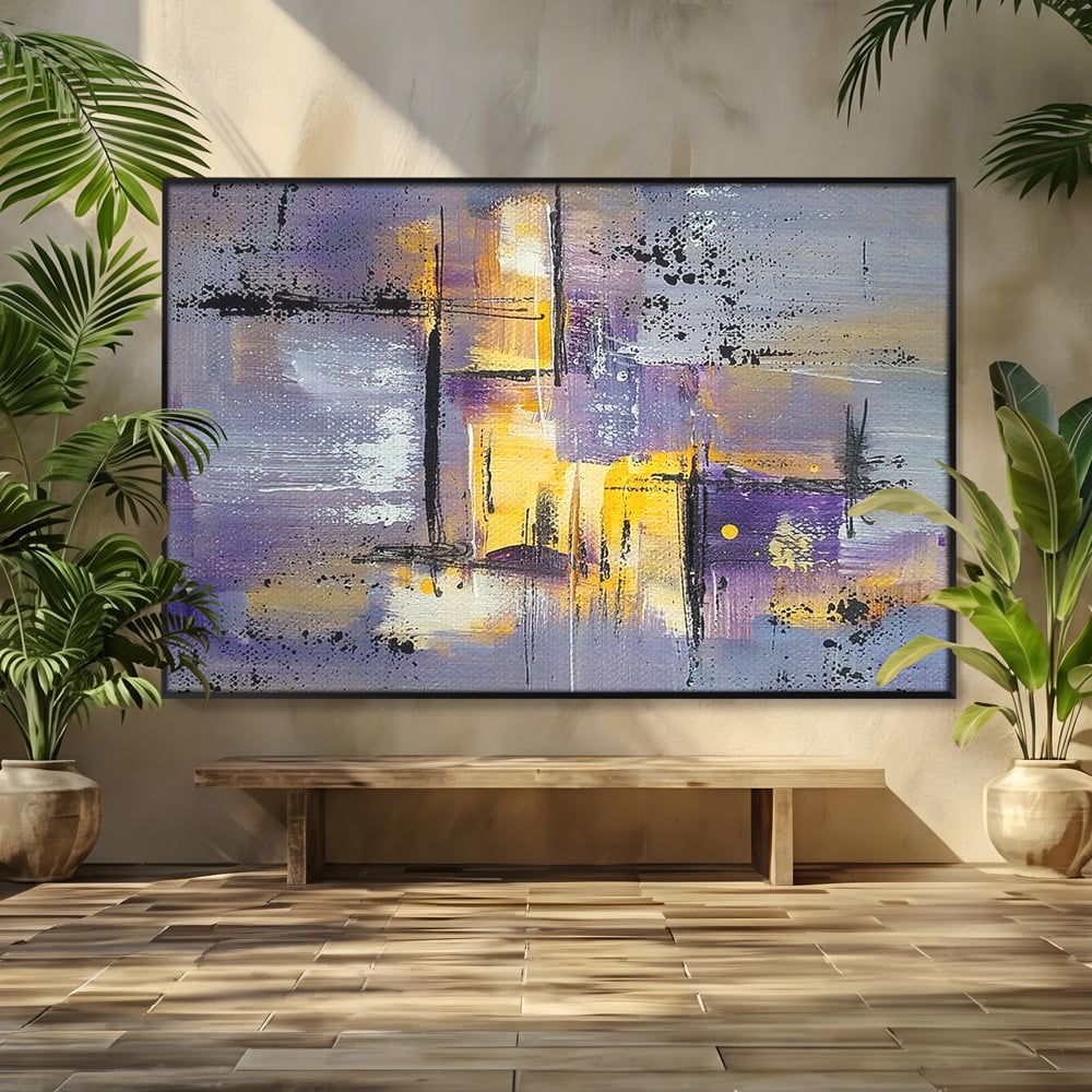 Tablou canvas cu pictura abstracta cu linii si pete, in rama de aluminiu negru